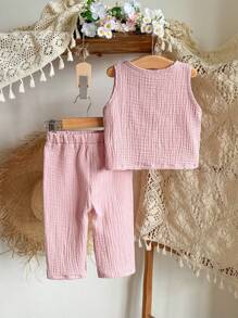 SHEIN Vintaside Kids Baby Mädchen einfaches Set aus Baumwoll-Chiffon-Top mit Schleife und langer Hose, Frühling/Sommer