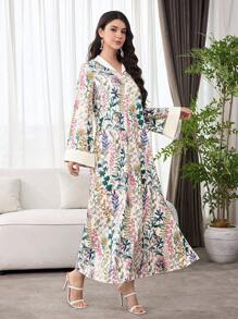 SHEIN Najma 优雅奢华花卉印花长袖宽松阿拉伯风格女式连衣裙 - 彩色 - 查看 5