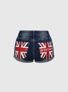 ROMWE Avant Quần short denim cạp thấp in hình cờ Mỹ gợi cảm ngày độc lập cổ điển Y2K dành cho nữ - Màu xanh lam - Xem 1