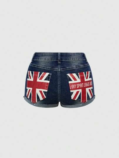 ROMWE Avant Women's Y2K Vintage Independence Day Sexy American Flag Print Low Waist Denim Shorts