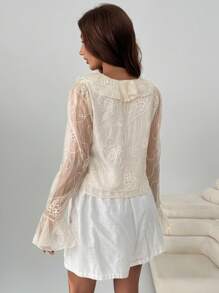 SHEIN EZwear Áo kiểu nữ thêu hoa, thắt nơ phía trước, tay loe, cài cúc, bèo nhún phong cách Boho, thích hợp cho kỳ nghỉ. - Màu vàng - Xem 2