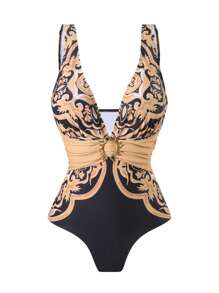 Swim Oasis 2025 New 3Pcs/Set Women Printed One-Piece Swimsuit With Skirt & Mesh Pants, Beach Resort Casual One Piece Swimsuit Outfit, Summer - Multicolor - View 3