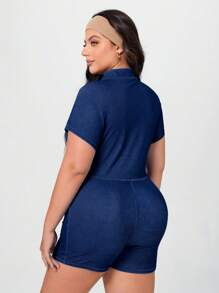 SHEIN Essnce Plus Size Knitted Denim Jumpsuit, Vacation Text, Tight & Stretchy