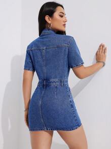 SHEIN Plus Size Women's Denim Button Half Placket Short Sleeve Pocketed Casual Dress - Blue - View 2