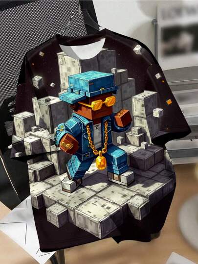 SHEIN MC、太阳镜、帽子、摇滚、陨石、太空、说唱、金链、富人、名人、游戏、游戏世界、方块、儿童图案短袖圆领T恤、适合青少年男孩的休闲简约夏季T恤