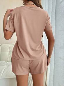 SHEIN Slogan Print Casual Short Sleeve Shorts 2pcs Pajama Set For Women - Coral Pink - View 2