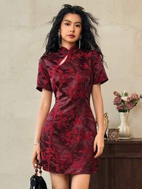 EastFlair Women Floral Print Short Sleeve Mini Dress Women Summer Clothes Dress Women Dresses Elegant Gown Cheongsam Dress Qipao Dress Chinese Dress Asian Dress Floral Cheongsam
