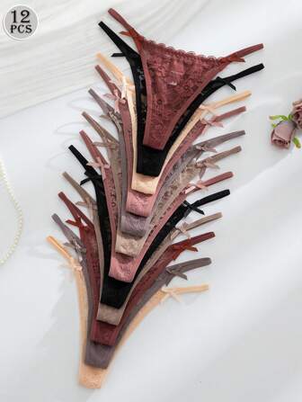 12 Stücke/Set Mehrfarbige romantische & sexy Spitzen Damen G-String Unterwäsche