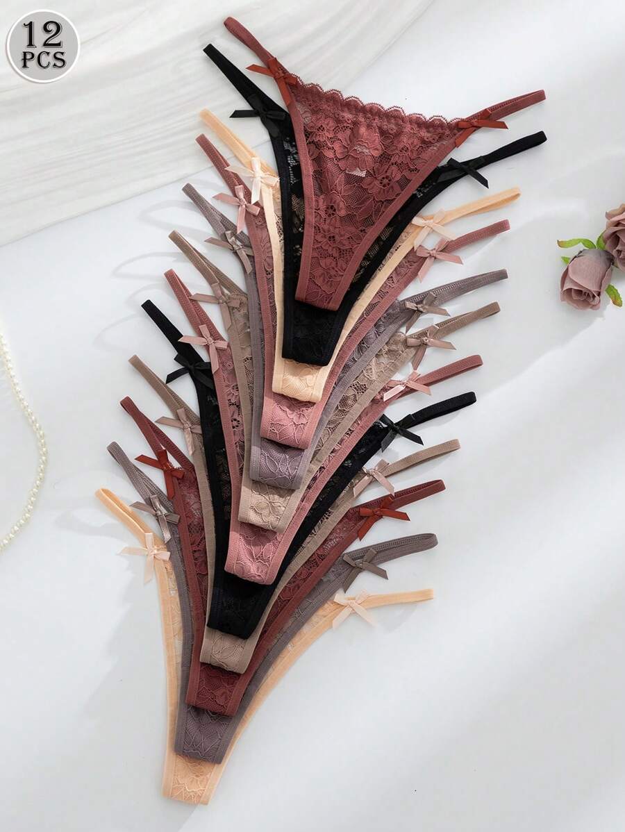 SHEIN 12pcs/Set Multi-Color Romantic & Sexy Lace Ladies G-String Panties Lingerie