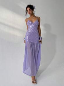 Aloruh Vestido de tirantes nuevo para mujer, vestido de verano para mujer, vestido de lentejuelas, vestido de estilo romántico retro de hadas en color púrpura claro, vestido extra largo, vestido de fiesta para mujer, vestidos para mujer en otoño, vestidos elegantes para mujer