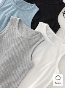 4 piezas Camiseta sin mangas de cuello redondo casual para niños, fabricada con tejido de algodón rastreable suave en blanco, negro, azul claro y gris claro, corte holgado adecuado para el verano, camisetas básicas - Multicolor - Ver 6