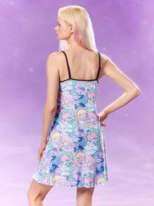 Pop Mart Azura X SHEIN Adorable Women's Mini Knitted Pajama Dress Featuring Kawaii Character Print. This Cute Spaghetti Strap Nightgown With Contrast Trim Offers Ultimate Comfort For Lounging And Sleep.