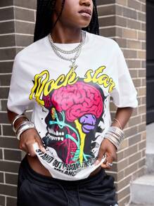 ROMWE Street Life Camiseta de mujer casual de manga corta con cuello redondo y estampado de letras, versátil para el verano