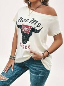 SHEIN LUNE Talla grande Camiseta con estampado de vaca y letra de manga raglán