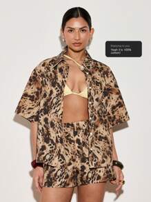 AiiRZ Conjunto coordinado de ropa de resort con estampado de leopardo, blusa de manga ancha con botones y pantalones cortos sueltos, conjunto de dos piezas para verano y vacaciones en la playa - Multicolor - Ver 1