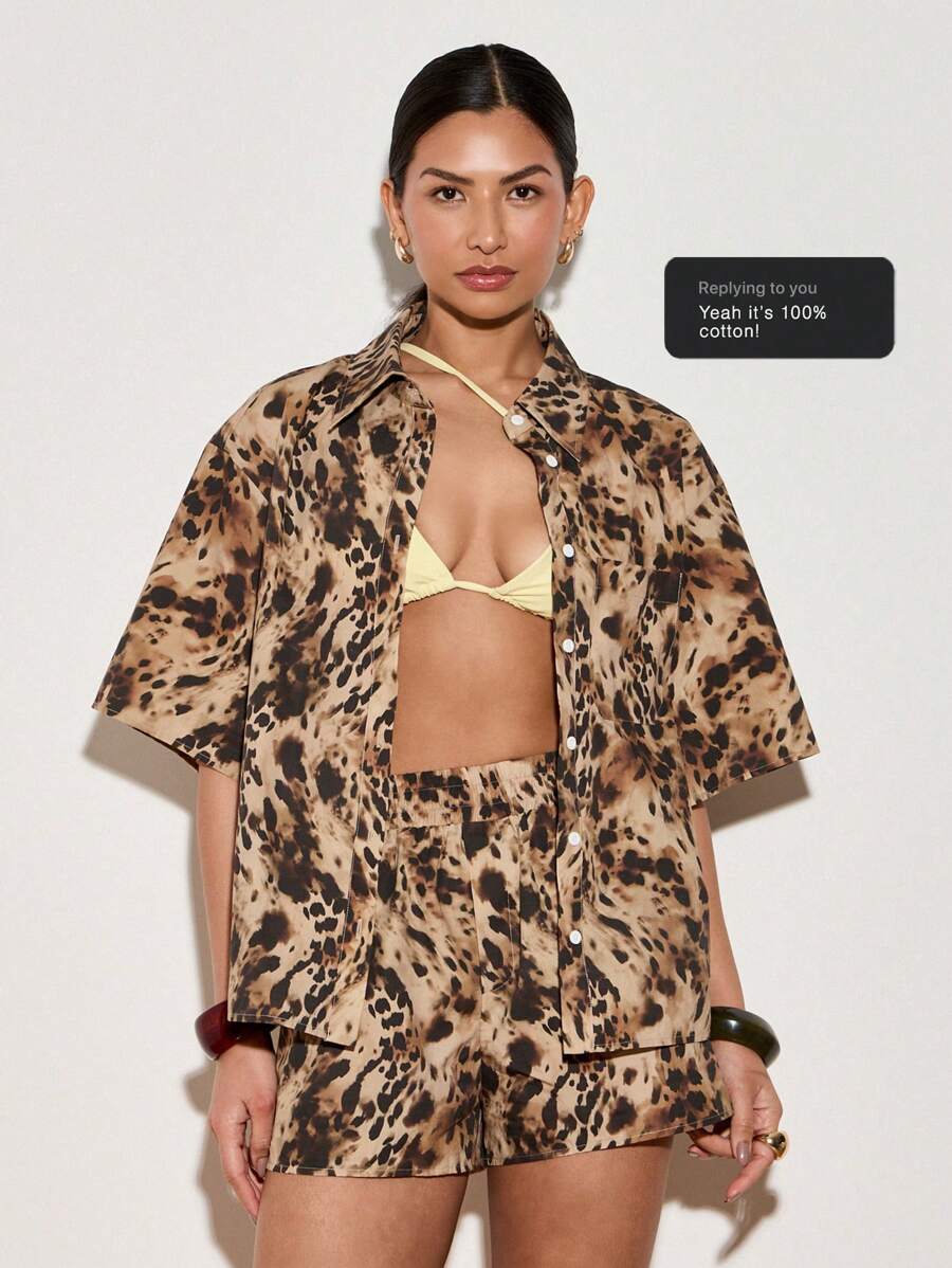 AiiRZ Conjunto coordinado de ropa de resort con estampado de leopardo, blusa de manga ancha con botones y pantalones cortos sueltos, conjunto de dos piezas para verano y vacaciones en la playa - Multicolor - Ver 1