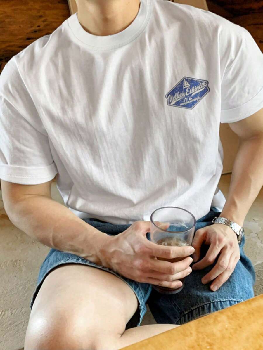 DAZY Men's Casual Short Sleeve T-Shirt With Letter Print, Summer - White - View 1