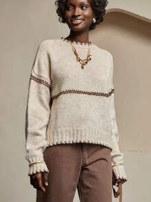 Bóhologie Suéter cálido y acogedor de calidad premium con ribete de contraste para mujer