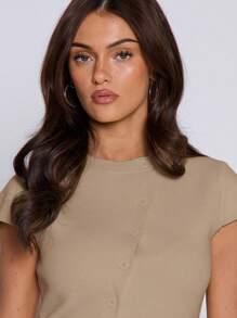 MUSERA 针织短袖不对称纽扣修身开衫 Y2K 机场风 春季 Y2K 90年代 休闲可爱 假日度假 返校季 冬季日常 冬日时尚 夏季 - 棕色 - 查看 5