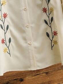 Lacomfia Plus Size Floral Embroidery Front Button Elegant Fashion Roll Up Sleeve Blouse