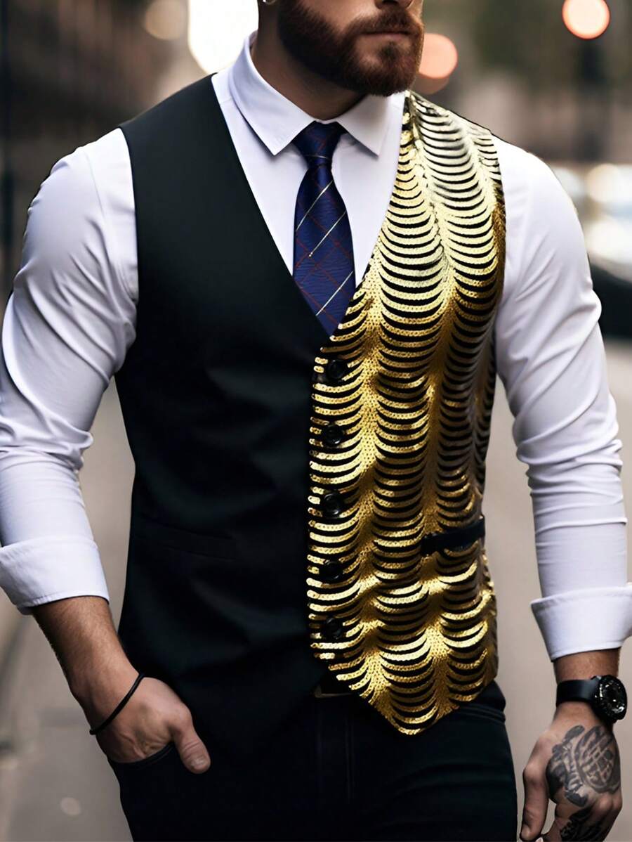 Manfinity Mode Men's Patchwork Color Block Vest, Fashionable For Summer - Black - View 1