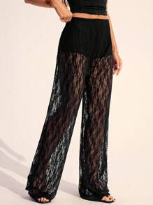 SHEIN Tall Dambyxor med blommig spets och elastisk midja, raka och lösa byxor - Svart - Visa 4