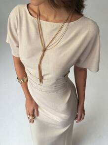 Aloruh New Minimalist Fashion Commuter Batwing Sleeve Slimming Conceal Chest Waist Ruched Dress - Khaki - View 3