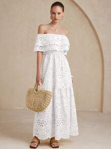 Aveloria Rosie Đầm Maxi Dài Ôm Vừa Vặn Một Bên Vai Thêu Rỗng Ruffle Trim Cho Nữ, Phong Cách Kỳ Nghỉ - trắng - Xem 4