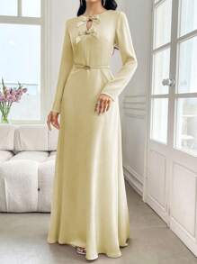Modelyn 优雅正面金属装饰扣蝴蝶结腰带修身连衣裙女装秋季女装 - Butter Yellow - 查看 3