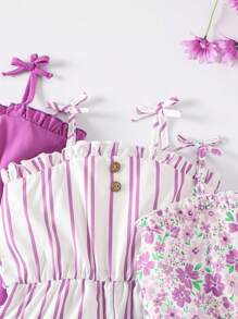 SHEIN 3pcs Young Girl Frill Trim Knotted Shoulder Strap Romper, School, Campus, College - Purple - View 4