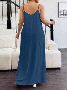 Elenzga Vestido largo elegante de mujer de unicolor sin mangas con corte evasé, vestido casual de mujer, vestido de mujer talla grande, vestido de verano para mujer, ropa de mujer, vestidos de mujer, vestido elegante de mujer - Neblina azul - Ver 2