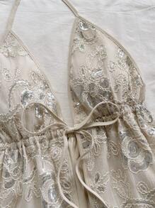 Soleia 女士度假浪漫串珠刺绣 V 领系带无袖上衣，节日派对/约会之夜/下午茶上衣，适合派对、约会、婚礼季、海滩、游轮、音乐节、波西米亚风度假