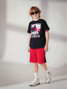SHEIN Explorewe 2pcs Older Boys Fashionable Black Car Print T-Shirt And Red Shorts Set, Casual - Red - View 1
