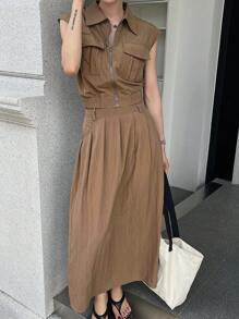 DAZY 2件套女士休闲教师装套装，夏季新品 - 咖啡棕 - 查看 6