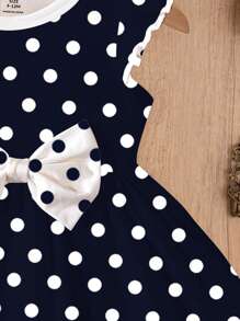 SHEIN Söt prickig klänning med rosett och långärmad tryck för babyflicka, lämplig för höst/vinter, rosett, prinsesschic, familjeutflykter, enkel komfort, uppskattad liten glädje, elegant outfit, babyns nödvändigheter, avkopplande semester, koreansk stil - Multifärgad - Visa 5