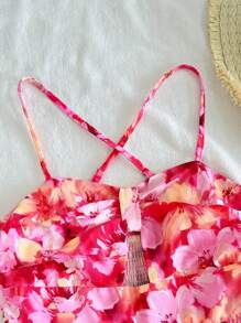 SHEIN Monos informales para niñas preadolescentes con estampado floral, lazo trenzado y tirantes cruzados