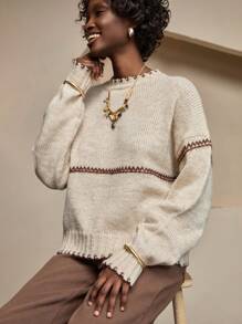 Bóhologie Suéter cálido y acogedor de calidad premium con ribete de contraste para mujer