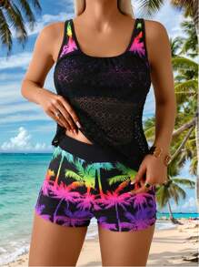 Swim Lushoire 2pcs/Set Women Bikini Swimsuit, Gradiant Coconut Tree Print Camisole Tank Top And Shorts, Summer - Multicolor - View 1