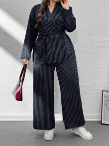 Firerie Plus Size Women's Striped Wrap-Around Elegant Casual Kimono Suit Set, Gray System, Office Stylish Commuter 2 Pieces Suit Set For Women, Multiple Piece Graduation,Back To School,Teacher Outfits For Women,Fall Clothes For Women Autumn - Navy Blue - View 8