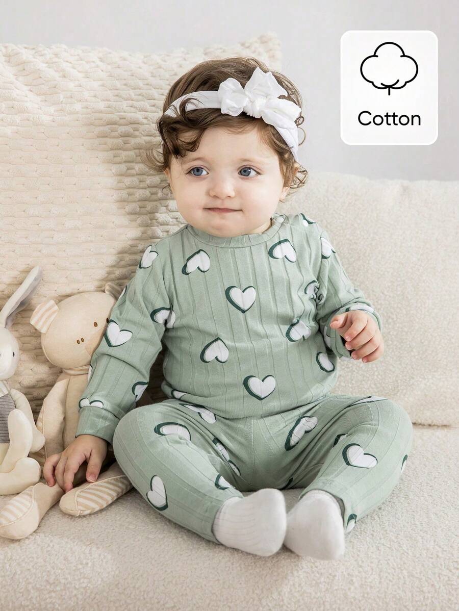 SHEIN 女婴心形印花长袖上衣和裤子两件套服装，秋季 - 彩色 - 查看 1