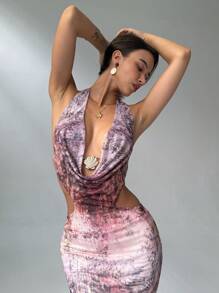 Aloruh Women's Color Block Full Print Draped Neck Sleeveless Fitted Dress Summer Summer Outfits Summer Clothes Beach Outfits For Woman  Beach Vacation Vacation Outfits Woman Boho Tropical Vacation Woman Clothe Tropical Vacation Woman Clothe Western Wear Women Western Gyaru Floral Backless