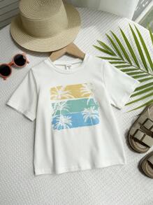 Camiseta de manga corta de punto con cuello redondo y estampado de vacaciones lindo y casual para niños pequeños, adecuada para el trayecto, la escuela, el uso diario casual, las vacaciones, los deportes, la primavera, el verano, el otoño y el invierno
