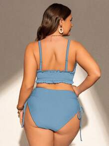 SHEIN Swim Curve 大码女式两件套纯色细肩带性感开叉抽绳休闲度假泳装套装 - 霧霾藍 - 查看 2