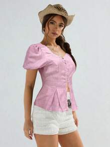 Athîral 女士纯色短袖衬衫，夏季时尚 - 粉色 - 查看 4