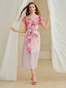 MOTF PREMIUM Vestido plisado con cinturón y estampado floral - Multicolor - Ver 1