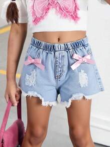 Young Girls Vintage Distressed Light Blue Denim Shorts With Pink Bow Pockets, Loose Fit, Comfortable Soft Fabric, Versatile - Light Wash - View 3