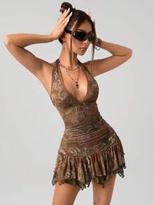 SHEIN ICON 挂脖复古拼色佩斯利印花紧身褶饰不对称下摆迷你连衣裙