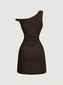 SHEIN MOD Women Solid Color Fitted Pleated Metal Buckle Mini Dress,Club Outfits Women Sexy