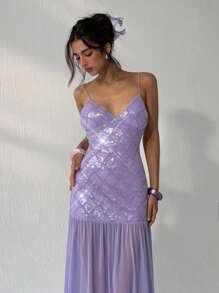 Aloruh Vestido de tirantes nuevo para mujer, vestido de verano para mujer, vestido de lentejuelas, vestido de estilo romántico retro de hadas en color púrpura claro, vestido extra largo, vestido de fiesta para mujer, vestidos para mujer en otoño, vestidos elegantes para mujer