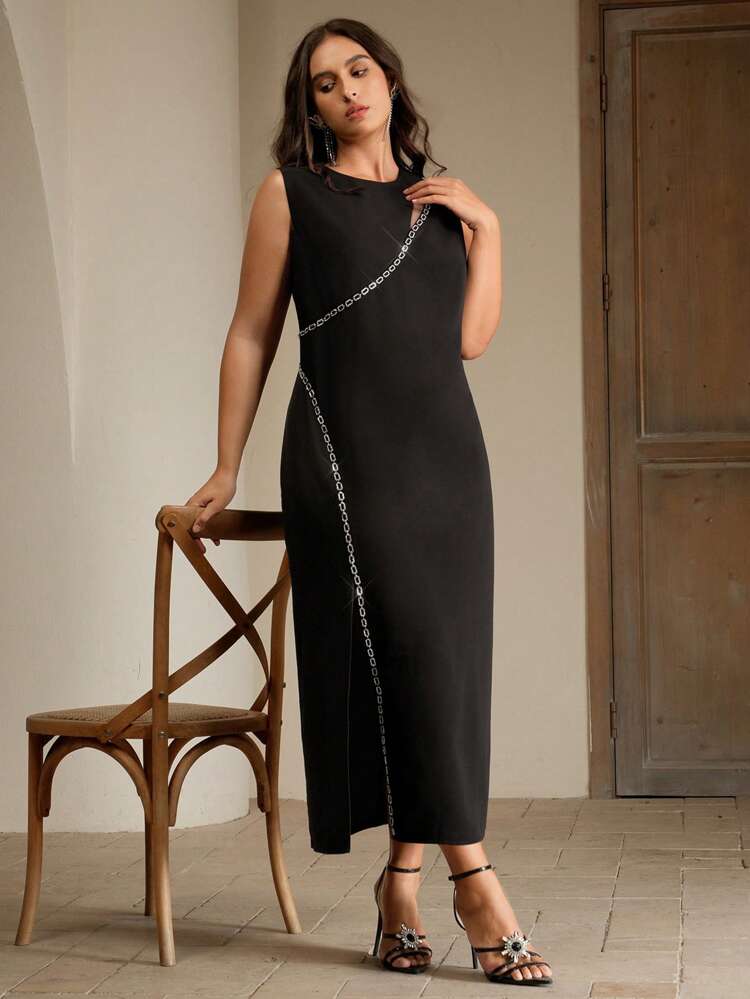 High-End Luxury Design Hollow Chain Long Sleeve Side Slit Bodycon Dress, Suitable For Wedding Guest